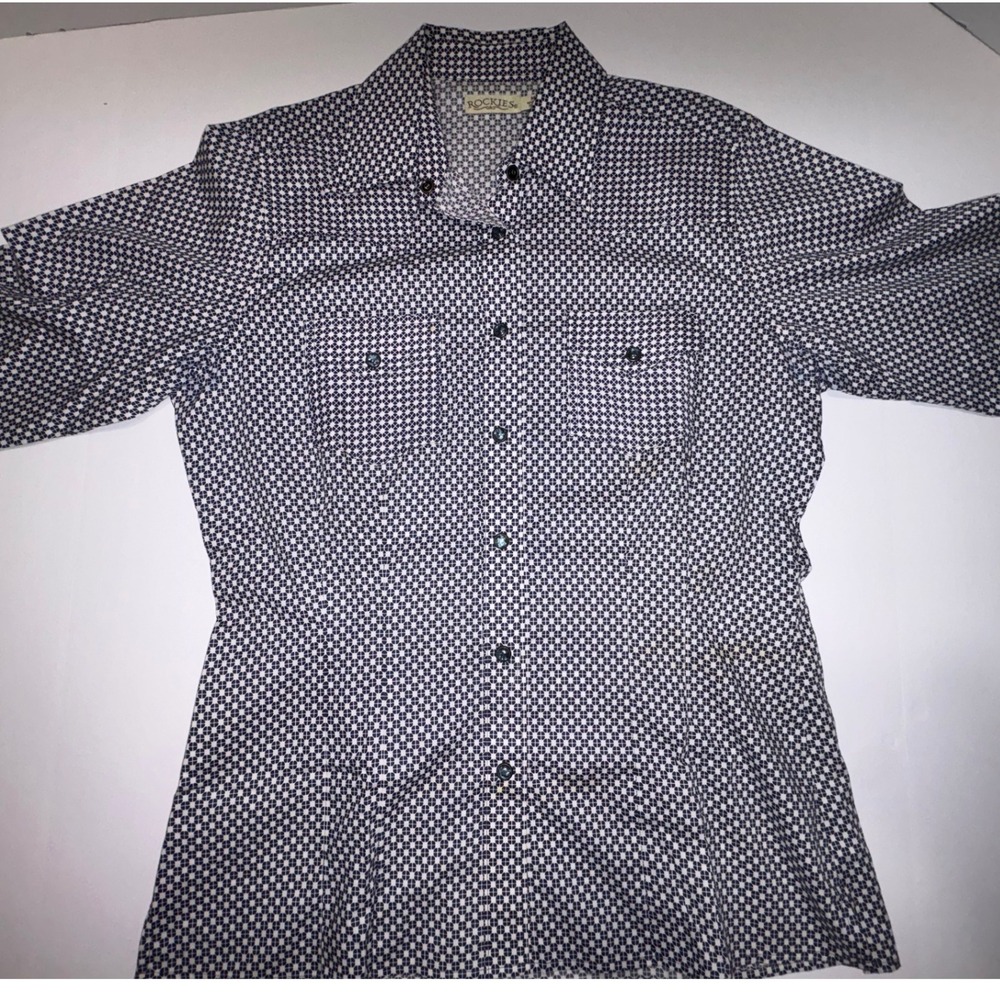 ROCKIES Women's Navy White Geometric Print Button Down Shirt Size M - Picture 1 of 14